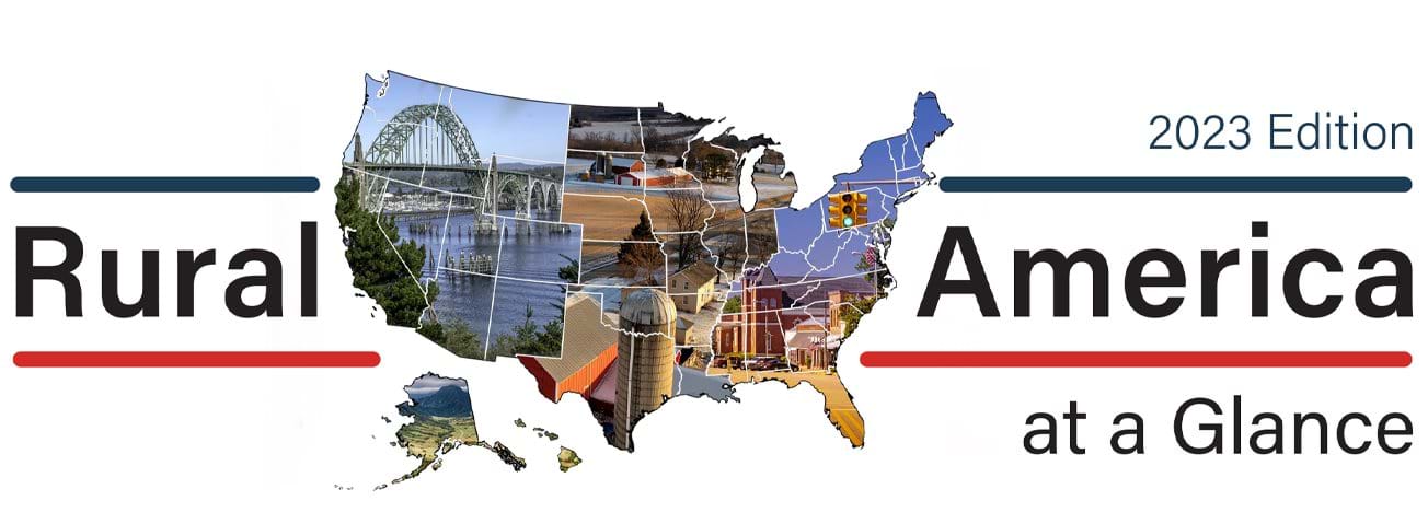 "Rural America at a Glance, 2023 Edition" banner with a U.S. map photo graphic depicting various U.S. landscapes.